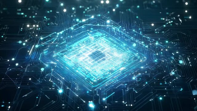 AI artificial intelligence data mining circuit board electronic deep learning Computer chip technology. Digital blue neon futuristic technology themed motion graphics. Motherboard macro shot.