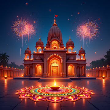 A Hindu temple decorated for Diwali sparkles with lights and fireworks in the background by ai-generated