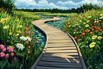Obraz premium Landscape with boardwalk bridge through swamp and meadow with flowers