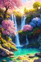 Paradise landscape with beautiful  gardens, waterfalls and flowers, magical idyllic background with many flowers in eden.