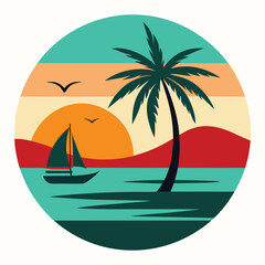 Tropical Summer Vacation T-Shirt Design with Palm Trees and Sunset