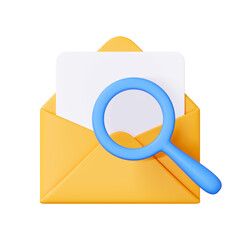 Yellow open envelope with a blue magnifying glass, representing email search, investigation, or document analysis. 3D render illustration