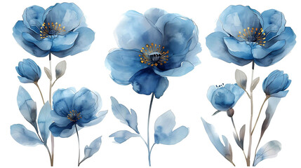 Bilder mit Rahmen Set of blue watercolor flowers, leaves and twigs on white background. Botanical watercolor painting for decorative invitations, posters, or cards