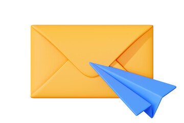 Closed yellow envelope and a blue paper plane, representing email, message delivery, and digital communication. 3D render illustration