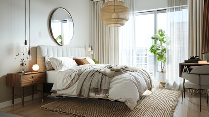 An elegant urban loft Scandinavian bedroom with a double bed an upholstered headboard