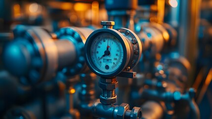 Fototapeta premium Industrial pressure gauges and valves in a blue-toned scheme, showcasing detailed mechanical instruments with metallic textures and crisp macro focus.