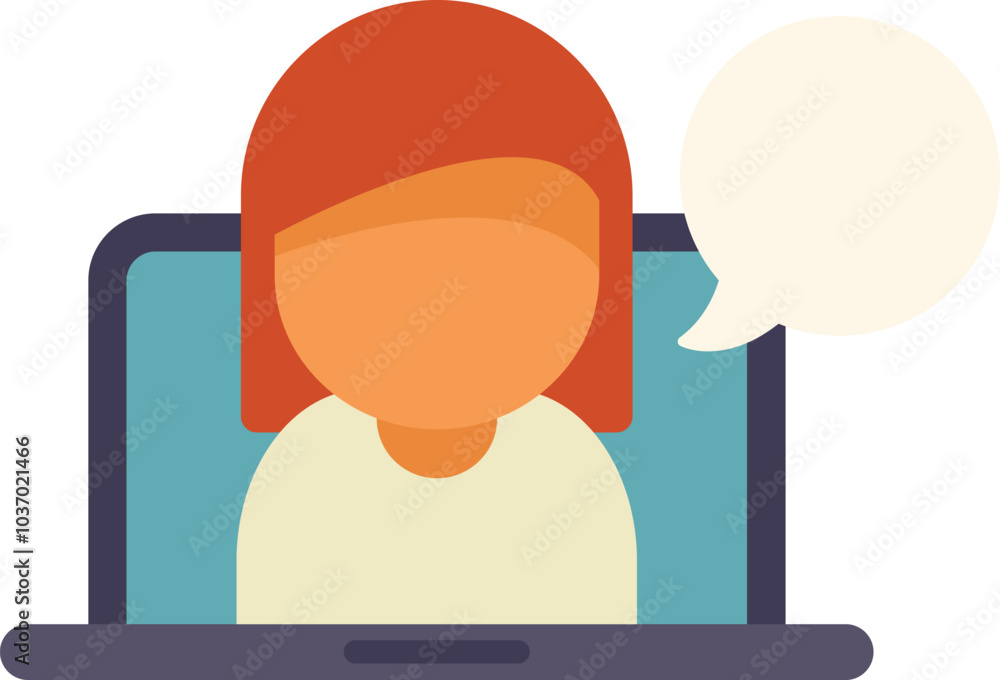 Poster faceless woman character appearing from laptop screen with speech bubble, talking and using computer