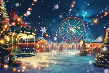 Fototapeta premium Glowing Christmas amusement park with neon lights and holiday spirit, blurred bokeh