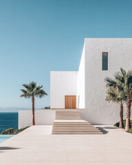 Modern coastal villa with minimalistic architecture and serene ocean view in bright sunlight