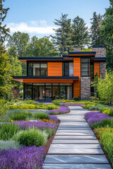 Fototapeta premium Modern home exterior surrounded by vibrant landscaping in a tranquil forest setting