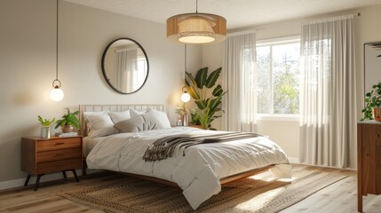 An urban escape Scandinavian bedroom with a double bed a minimalist headboard