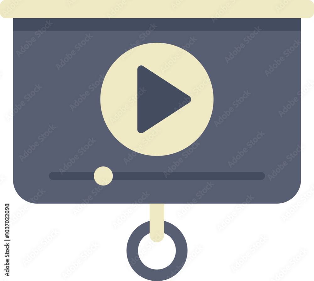 Poster projector screen displaying video content with a play button and progress bar, representing multimed