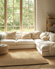 Cozy living room with natural light and minimalist decor in a serene setting