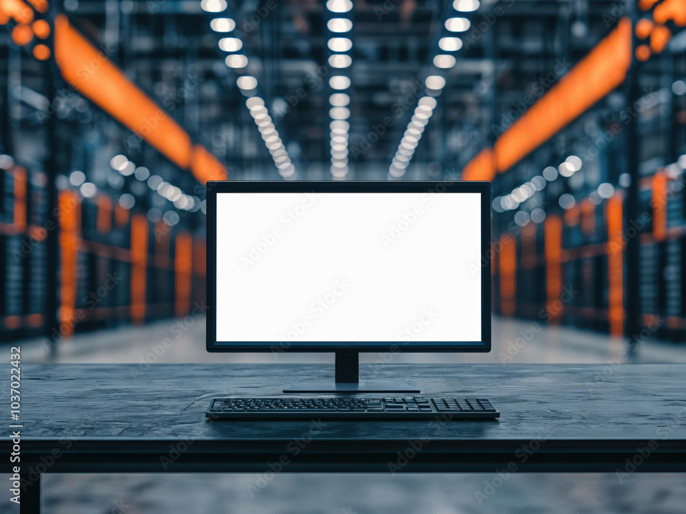 Poster computer showing blank screen standing on table in server room