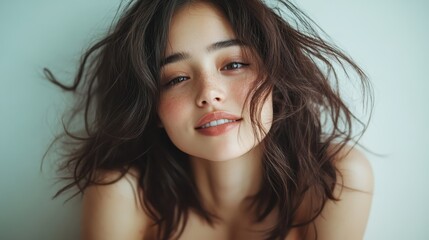 A close-up portrait captures a woman with expressive brown hair, soft makeup, and freckles, conveying natural beauty and emotion with a serene expression against a plain backdrop.