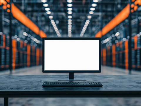 Computer showing blank screen standing on table in server room
