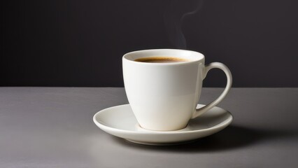 Obraz premium A sleek white cup holds freshly brewed coffee on a matching saucer against a smooth gray background. The scene captures a tranquil coffee moment.