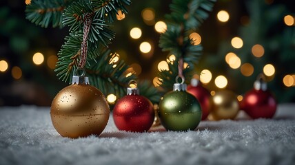 Colorful Christmas Ornaments on Snowy Surface