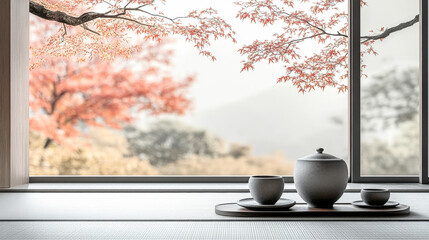 Serene tea setting by a large window with autumn foliage and misty mountains in the background