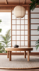 Elegant modern Japanese-style room with a round wooden table and sliding doors in a serene setting