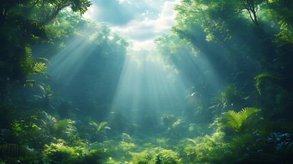 Obraz premium Sun rays pierce through the dense foliage of a lush tropical jungle, illuminating the vibrant green canopy.