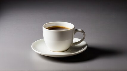 A sleek white cup holds freshly brewed coffee on a matching saucer against a smooth gray background. The scene captures a tranquil coffee moment.