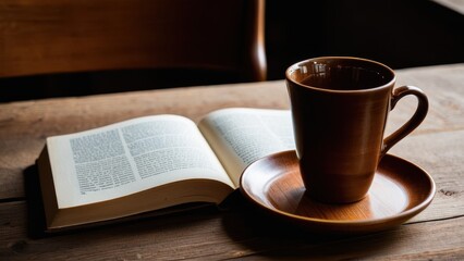 A white cup of tea sits on a saucer in front of an open book on a wooden table, creating a cozy and inviting atmosphere for reading and relaxation.