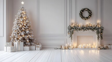 Minimalist Christmas interior with off-white walls, a decorated tree with warm lights, and a cozy holiday atmosphere in Scandinavian style with soft lighting.