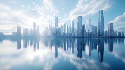 Fototapeta premium Modern city skyline with glass skyscrapers by a waterfront, reflecting calm water under a clear blue sky with panoramic urban architectural views.