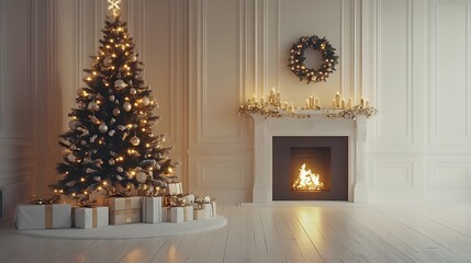 Minimalist Christmas interior with off-white walls, a decorated tree with warm lights, and a cozy holiday atmosphere in Scandinavian style with soft lighting.