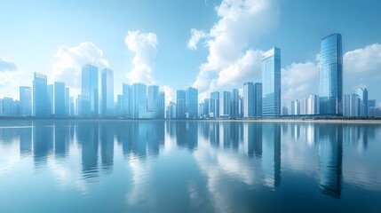 Obraz premium Modern city skyline with glass skyscrapers by a waterfront, reflecting calm water under a clear blue sky with panoramic urban architectural views.
