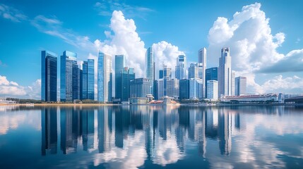 Obraz premium Modern city skyline with glass skyscrapers by a waterfront, reflecting calm water under a clear blue sky with panoramic urban architectural views.