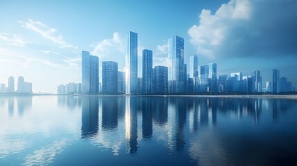 Fototapeta premium Modern city skyline with glass skyscrapers by a waterfront, reflecting calm water under a clear blue sky with panoramic urban architectural views.