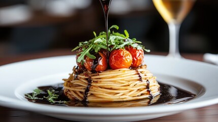 Fresh Pasta Dish with Cherry Tomatoes and Balsamic Glaze