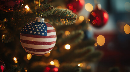 Christmas tree ornament in the shape of a globe, featuring the American flag, hanging among twinkling festive lights.