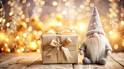 Scandinavian Nordic Gnome. Winter holiday greeting card or sticker with 3D toy character and gift box present on gold glitter sparkles, festive bokeh decor. Collection in Christmas and New Year style.