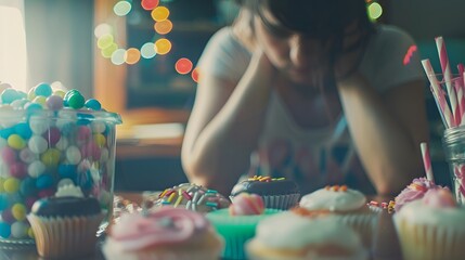 A lonely person sitting alone at a table, surrounded by various sugary treats such as donuts, cupcakes, and candy, looking sad and thoughtful. loneliness, emotional eating, health, psychology