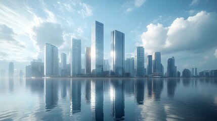 Fototapeta premium Modern city skyline with glass skyscrapers by a waterfront, reflecting calm water under a clear blue sky with panoramic urban architectural views.