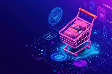 A shopping cart filled with goods, surrounded by holographic product icons in a futuristic e-commerce platform, with digital payment options visible