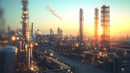 Oil refinery complex with towering distillation columns and gleaming metal structures under a clear sky, highlighting industrial architecture at golden hour.