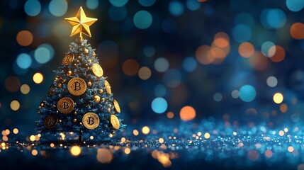 Christmas tree made from bitcoins decorated with gold star on a holiday background. Bokeh effect 