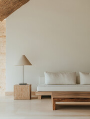 Modern minimalist living room with natural light and wooden accents in a calm atmosphere