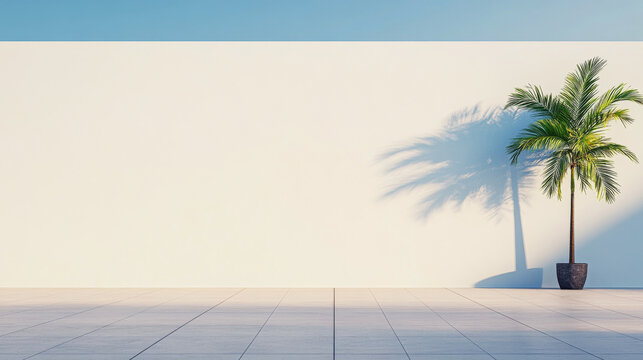 A contemporary outdoor space featuring a palm tree and a minimalist wall against a clear sky