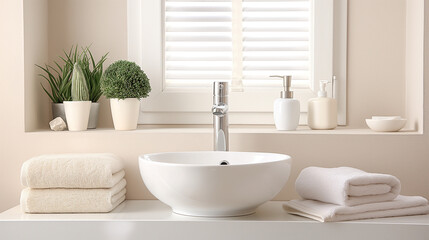 Fototapeta premium A clean bathroom with beige tiles, a minimalist sink, a single folded towel, and a soft glow from an overhead light, creating a serene, moody vibe