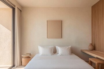 Modern minimalist bedroom with neutral tones and natural light in a tranquil setting