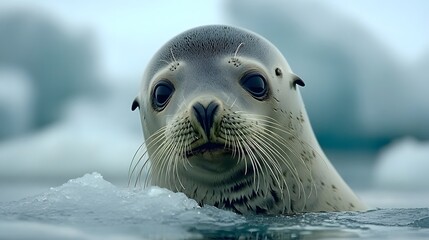 Sea lion resting on an ice floe in the Arctic, with a glacial background and calm water reflections, highlighting wildlife in its natural habitat.