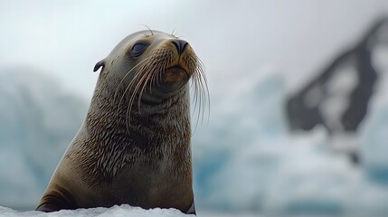Sea lion resting on an ice floe in the Arctic, with a glacial background and calm water reflections, highlighting wildlife in its natural habitat.