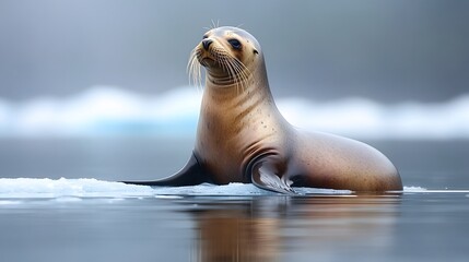 Sea lion resting on an ice floe in the Arctic, with a glacial background and calm water reflections, highlighting wildlife in its natural habitat.
