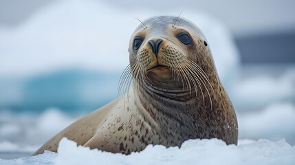 Sea lion resting on an ice floe in the Arctic, with a glacial background and calm water reflections, highlighting wildlife in its natural habitat.