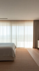 Modern bedroom with white bed and large windows overlooking bright outdoor scenery